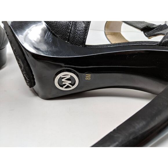 MICHAEL KORS BLACK LEATHER SNAP PEEP TOE ANKLE STRAP PLATFORM HIGH HEELS 8 M - Picture 7 of 9